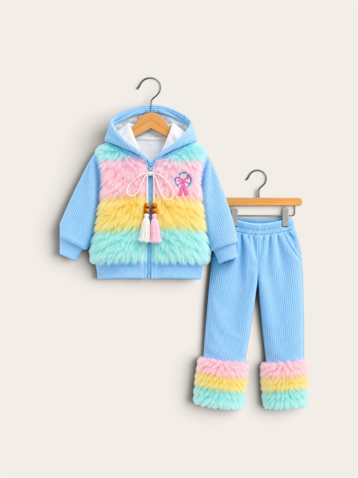 Girls Rainbow Furry Hooded Jacket & Ribbed Trouser Winter Set