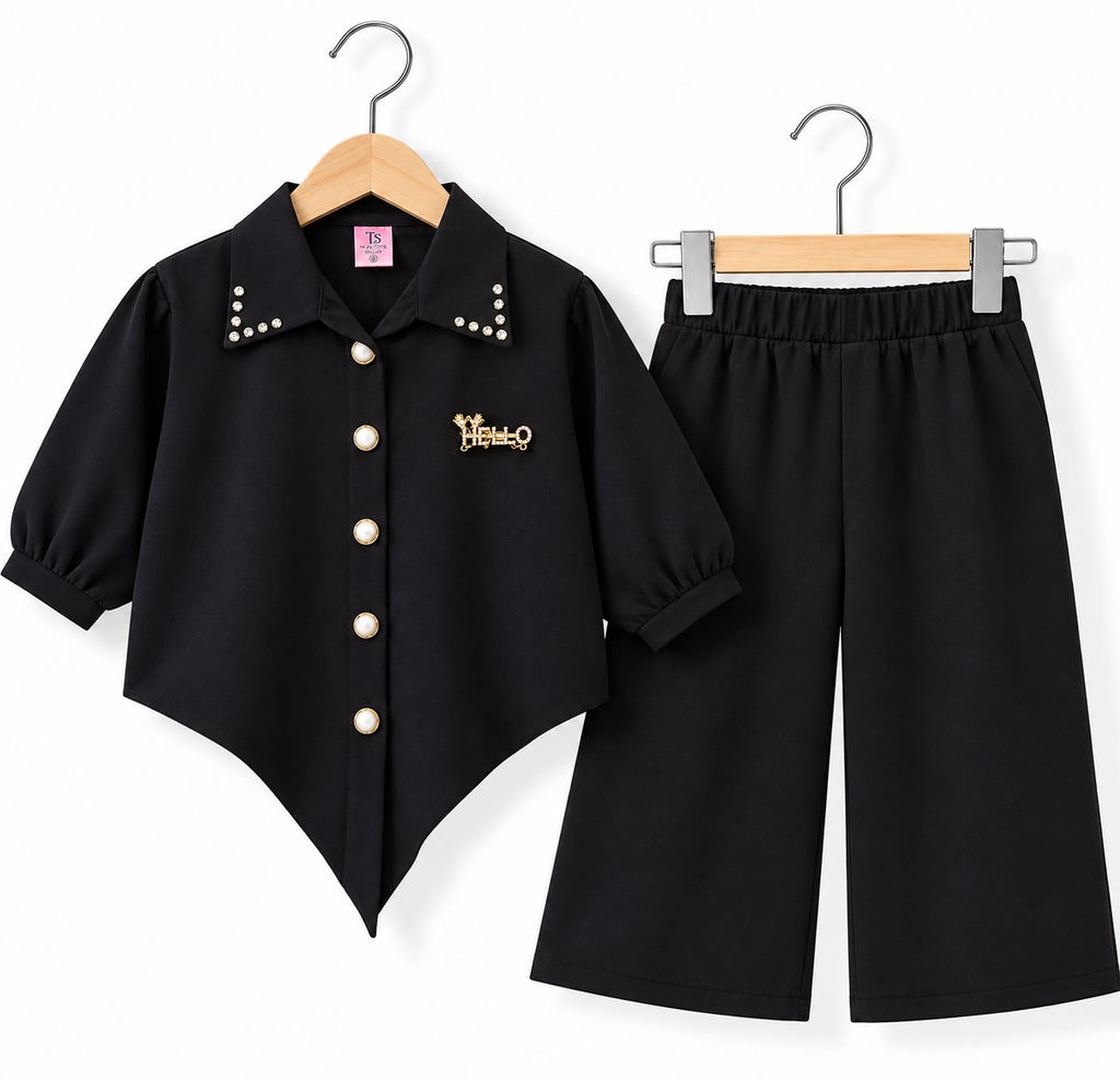 Pearl Studded Collar Girls Co-Ord Set – Shirt & Wide Leg Pants