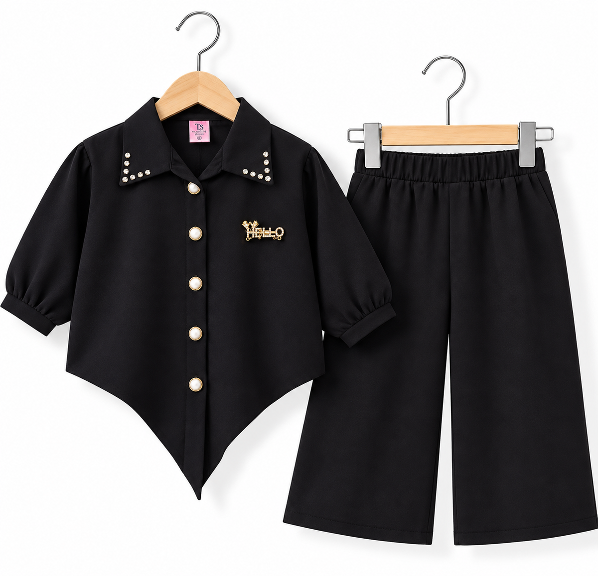 Pearl Studded Collar Girls Co-Ord Set – Shirt & Wide Leg Pants