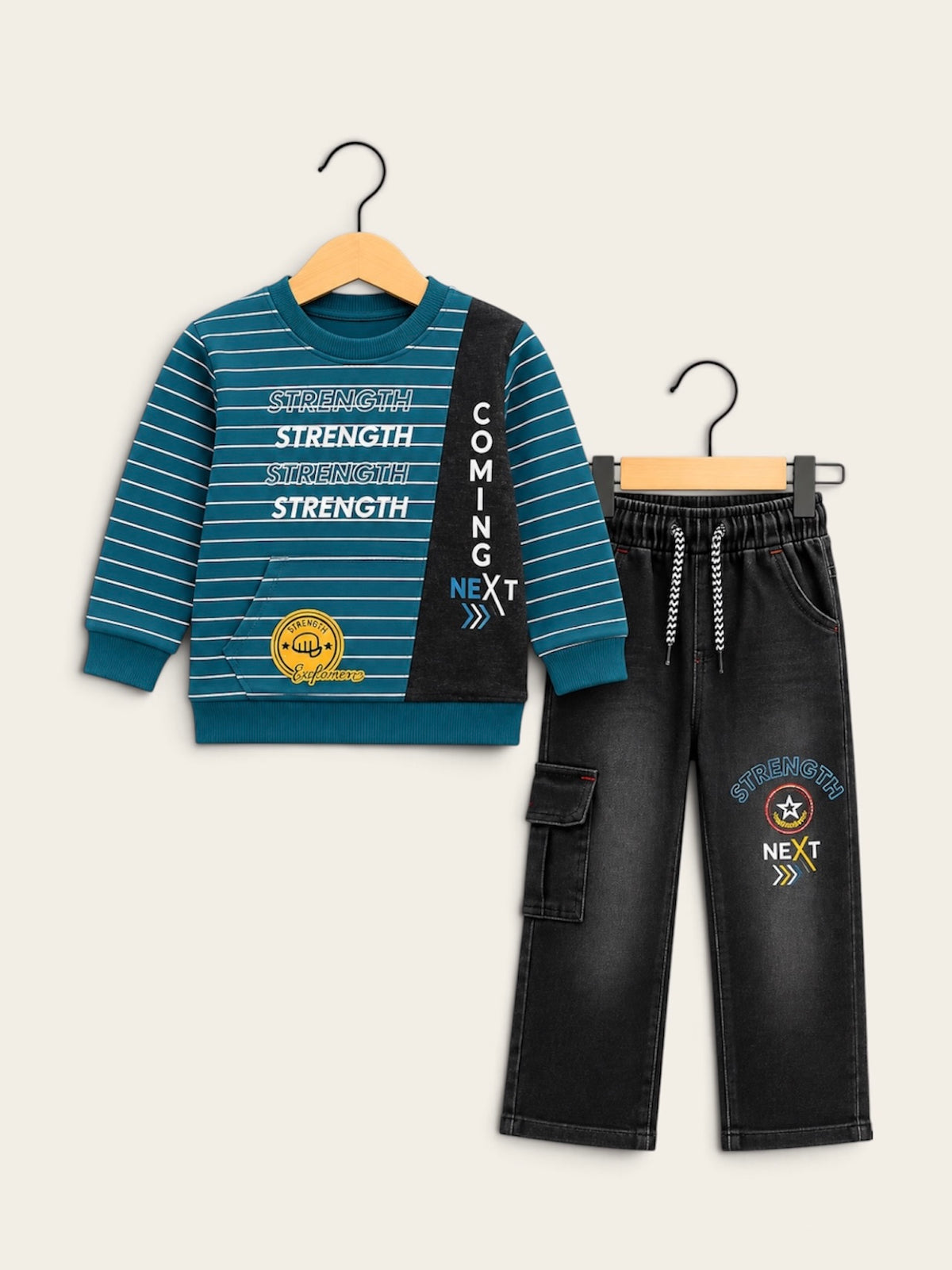Strength Boys Striped Sweatshirt & Black Denim Cargo 2-Piece Set