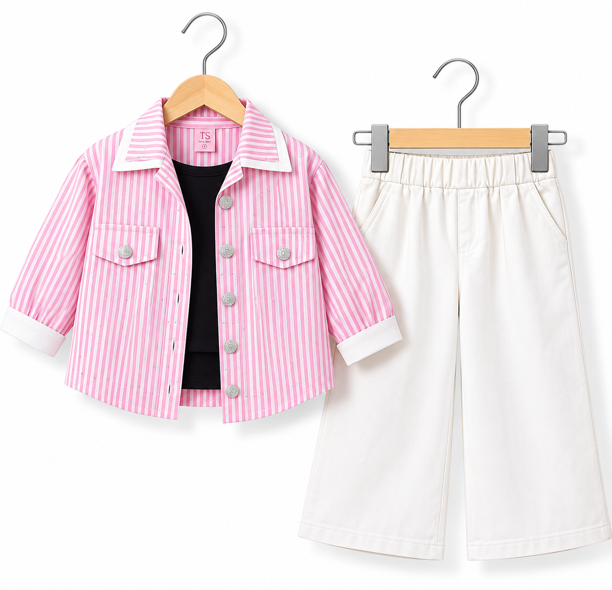 Striped 3-Piece Girls Co-Ord Set – Jacket, Top & Wide Leg Pants