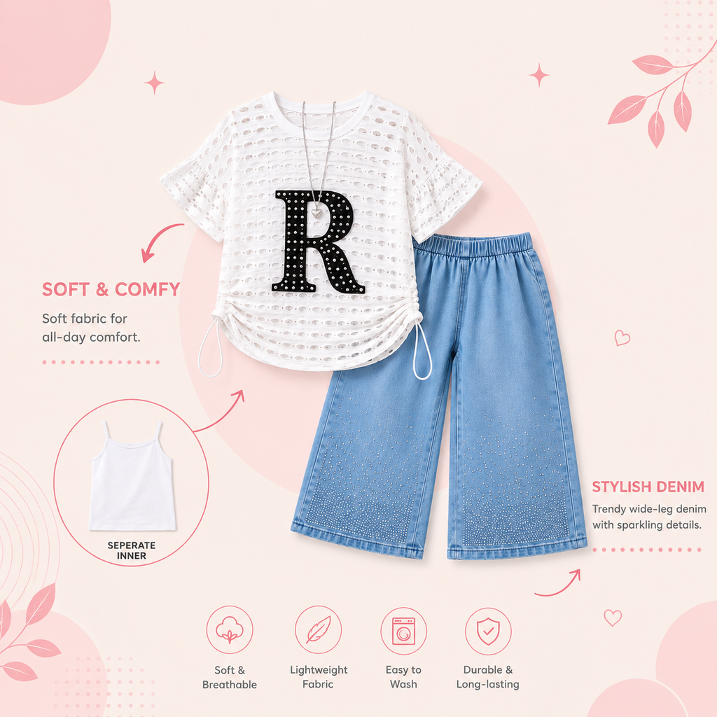 Girls 3-Piece Co-Ord Set with Inner Camisole & Wide Leg Denim Pants