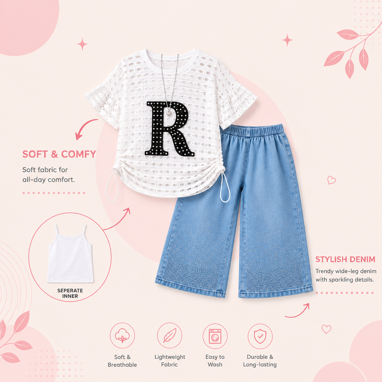 Girls 3-Piece Co-Ord Set with Inner Camisole & Wide Leg Denim Pants