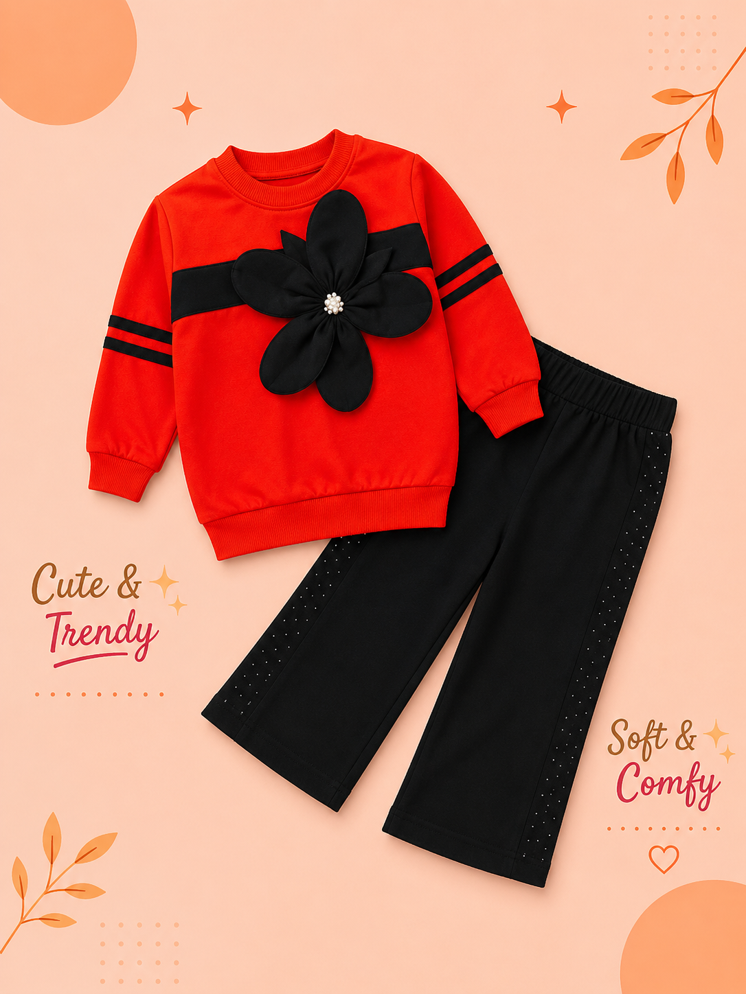 Girls 3D Floral Sweatshirt & Black Flared Pants 2-Piece Set