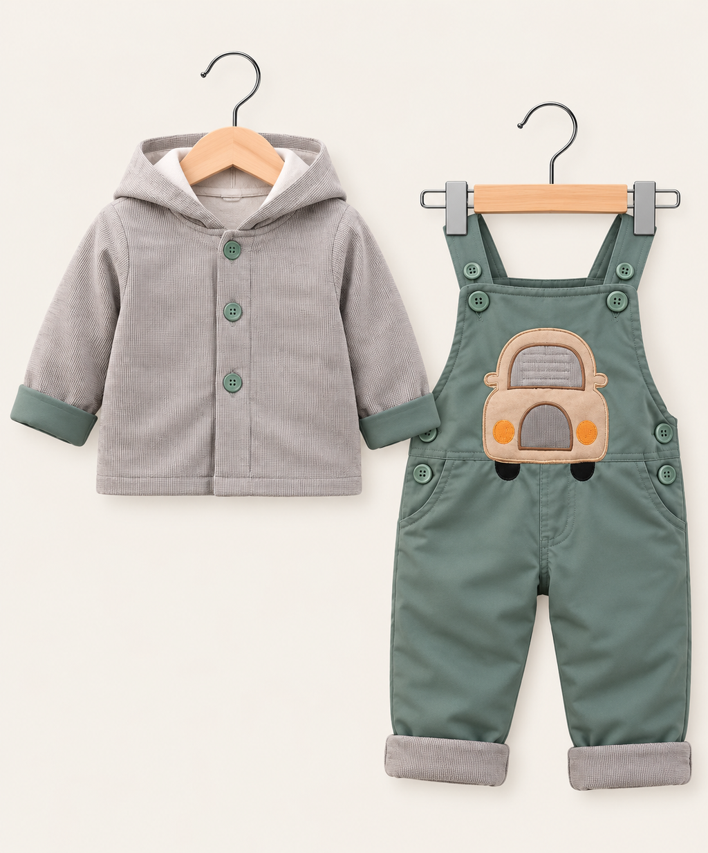 Boys Car Appliqué Dungaree & Hooded Jacket 2-Piece Winter Set – Mustard & Green