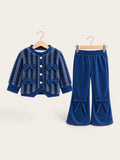 Girls Premium Fuzzy Fur Bow Detail Cardigan & Flared Trouser 2-Piece Winter Set – Pink, Navy Blue & Mustard