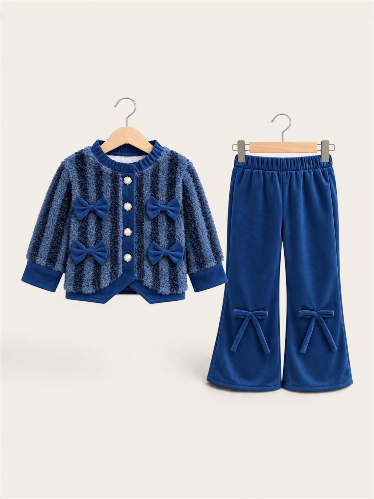 Girls Premium Fuzzy Fur Bow Detail Cardigan & Flared Trouser 2-Piece Winter Set – Pink, Navy Blue & Mustard