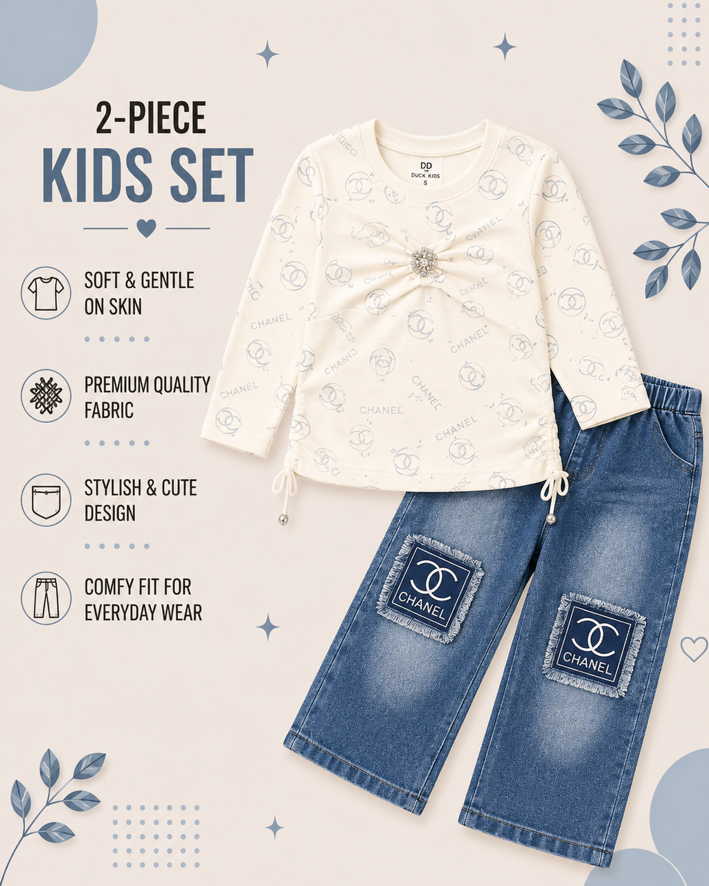 Girls’ Premium Bow Top & Denim Jeans 2-Piece Set