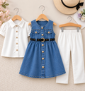 Girls Denim Pinafore 3-Piece Set with White Shirt & Trouser