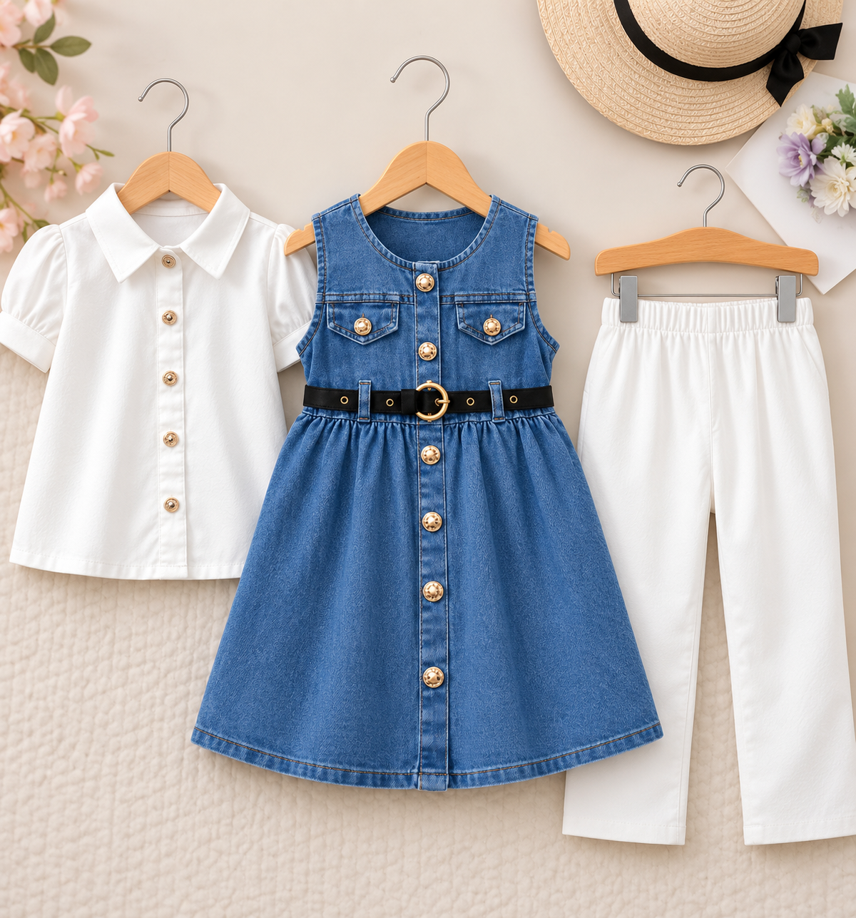 Girls Denim Pinafore 3-Piece Set with White Shirt & Trouser