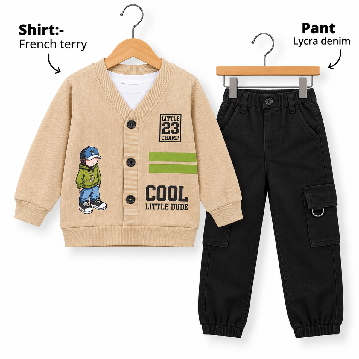 Cool Little Dude Boys 2-Piece Cardigan Shirt & Cargo Denim Pant Set 5-8years