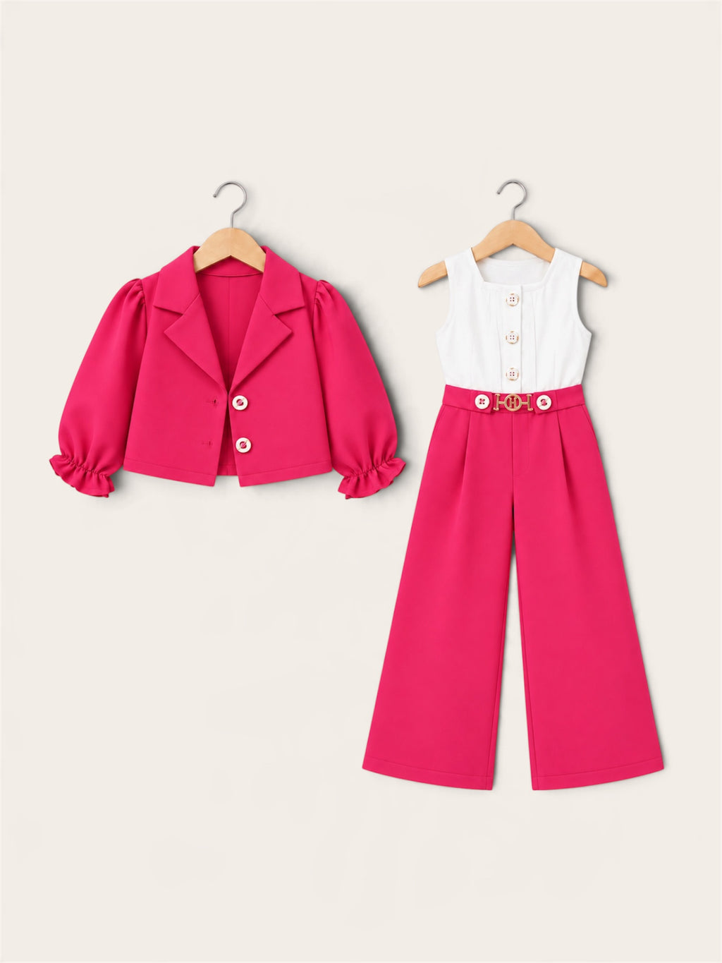 Girls Elegant 3-Piece Blazer & Wide-Leg Jumpsuit Set – 4 Colors