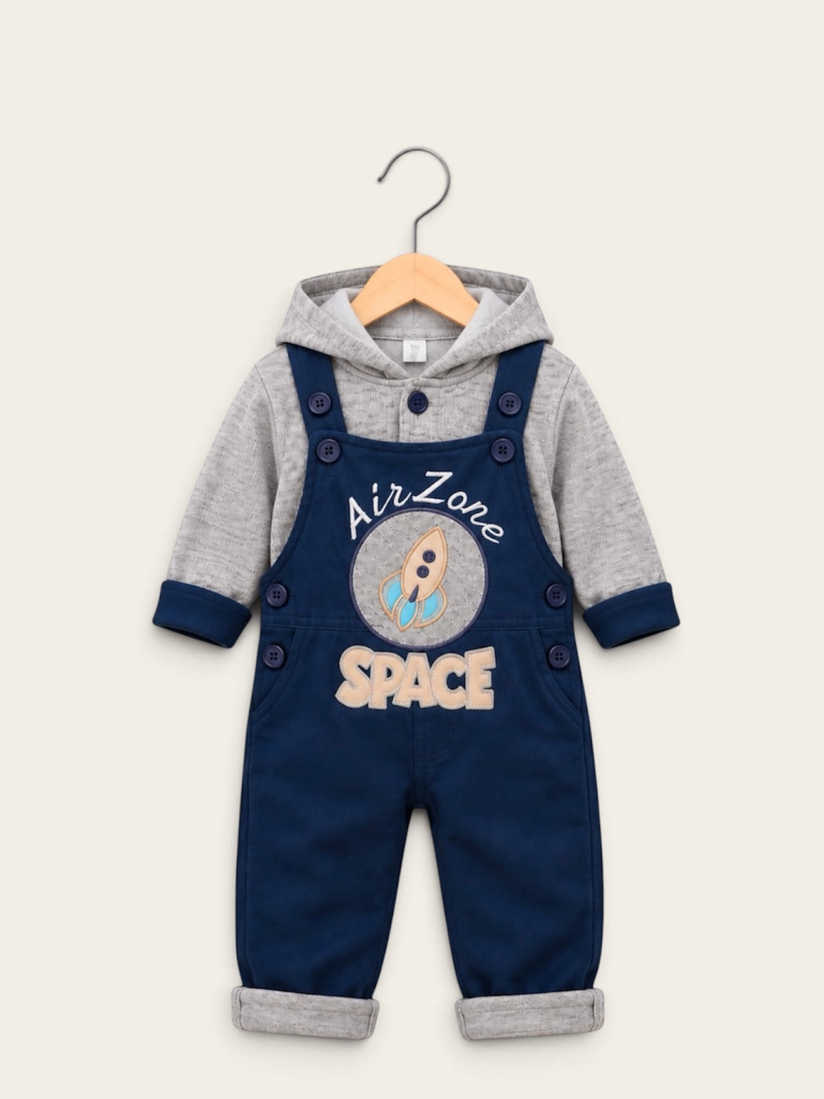 Boys Air Zone Rocket Dungaree & Hooded Sweatshirt 2-Piece Winter Set – Navy, Green & Brown