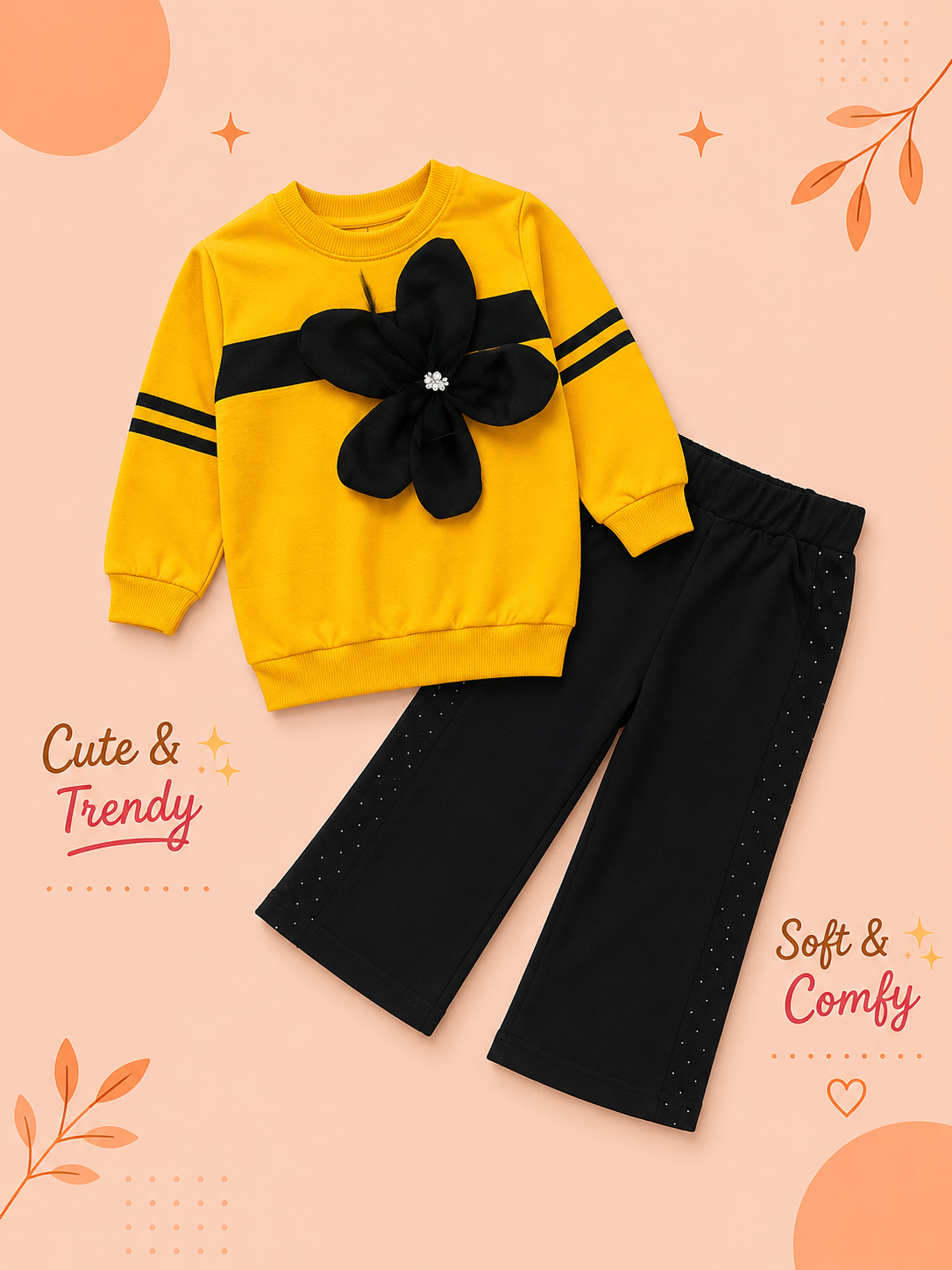 Girls 3D Floral Sweatshirt & Black Flared Pants 2-Piece Set SIZES :- 6yeaes-10years