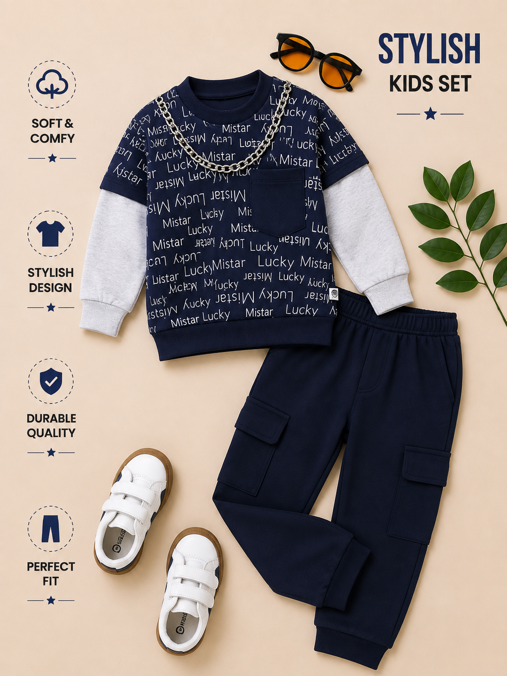 Boys Lucky Mistar Layered Sweatshirt & Cargo Jogger Set – 3 Colors