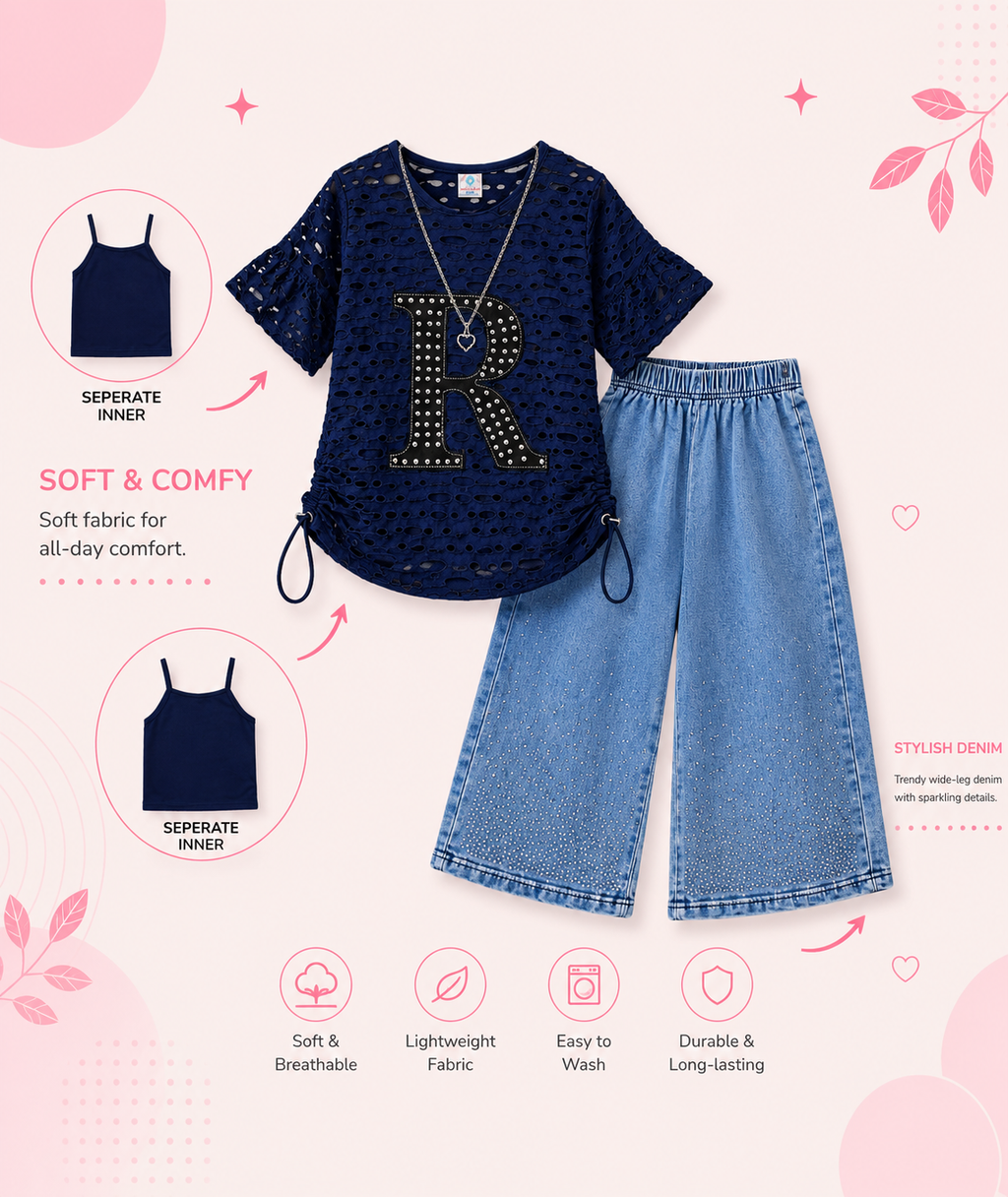 Girls 3-Piece Co-Ord Set with Inner Camisole & Wide Leg Denim Pants