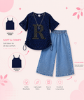 Girls 3-Piece Co-Ord Set with Inner Camisole & Wide Leg Denim Pants