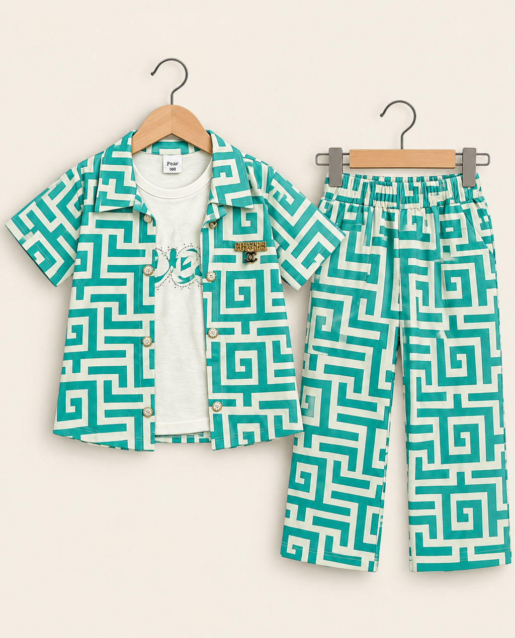 Girls Premium Geometric Print 3-Piece Shirt, T-Shirt & Trouser Set – 2 Colors