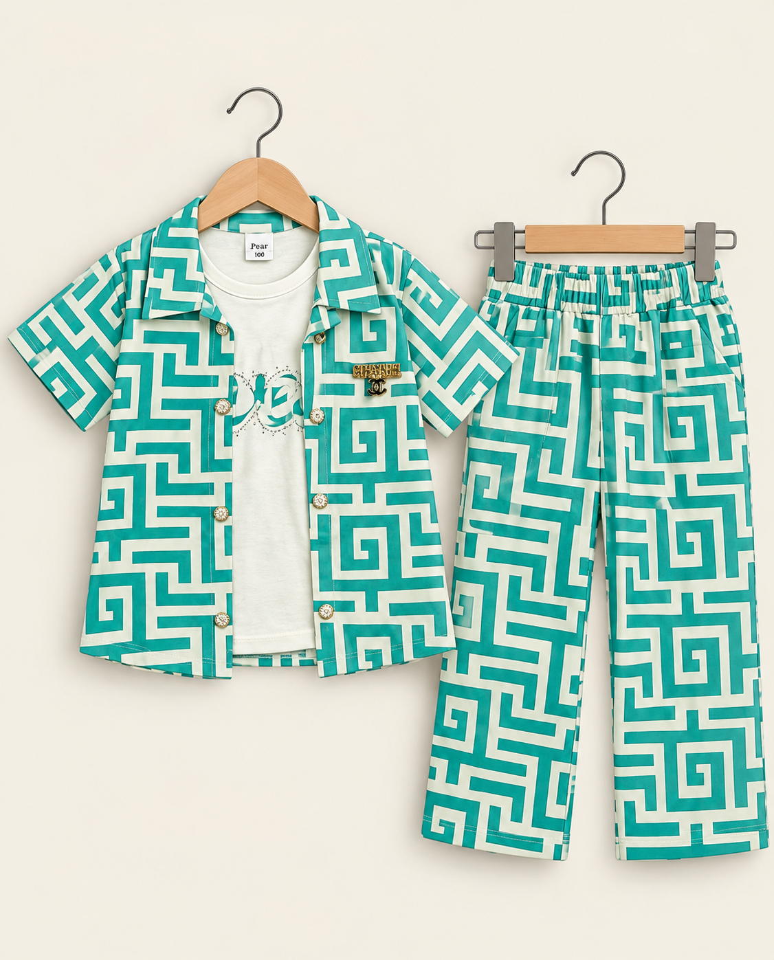 Girls Premium Geometric Print 3-Piece Shirt, T-Shirt & Trouser Set – 2 Colors
