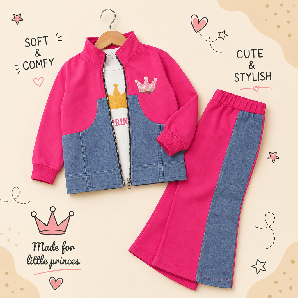 👑 Little Princess 3-Piece Denim Panel Tracksuit Set