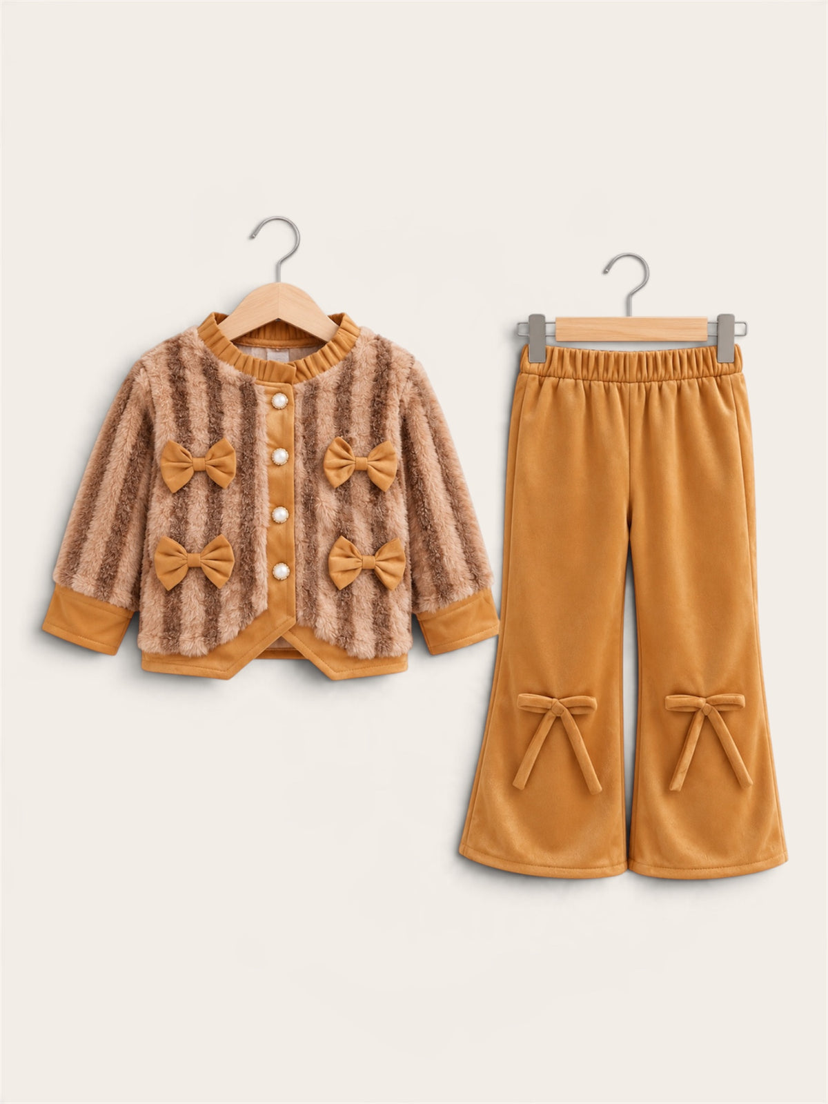 Girls Premium Fuzzy Fur Bow Detail Cardigan & Flared Trouser 2-Piece Winter Set – Pink, Navy Blue & Mustard