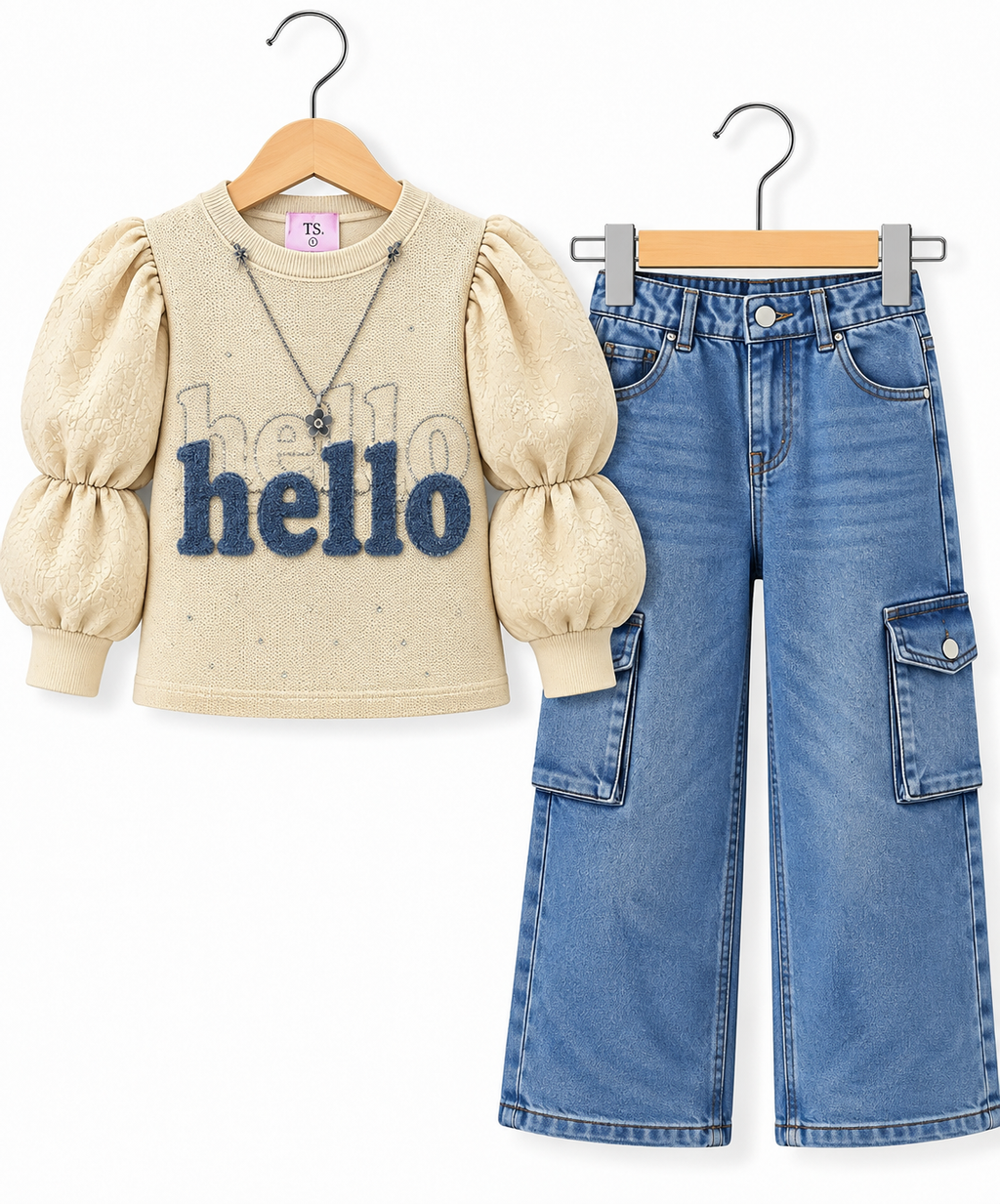Hello Puff Sleeve Girls 2-Piece Set – Statement Top & Wide-Leg Cargo Denim Jeans