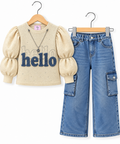 Hello Puff Sleeve Girls 2-Piece Set – Statement Top & Wide-Leg Cargo Denim Jeans