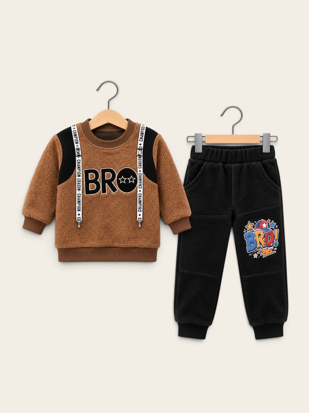BRO Boys Fleece Sweatshirt & Jogger 2-Piece Winter Set – Brown & Black