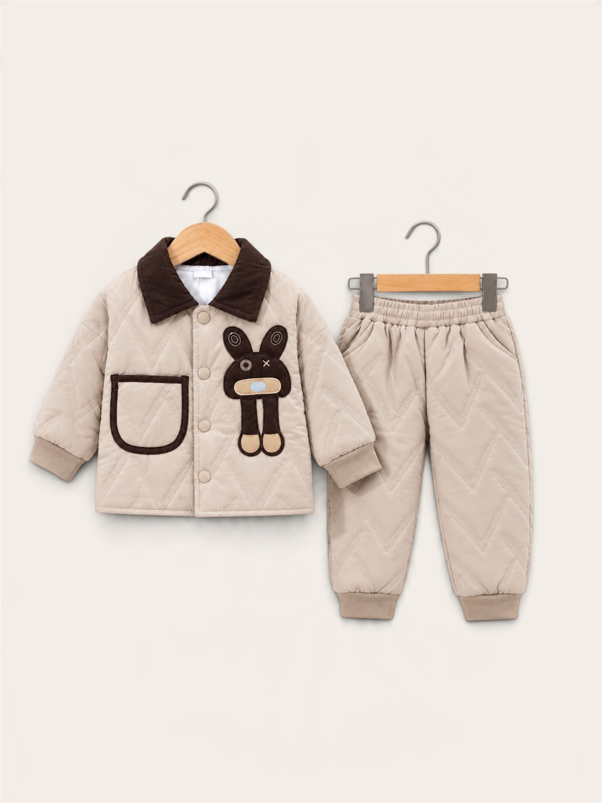 Cute Bunny Quilted Winter Jacket & Pants 2-Piece Set for Kids – Brown & Beige