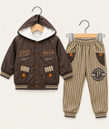 Pioneer Boys Hooded Jacket & Striped Jogger 2-Piece Set – Brown & Grey