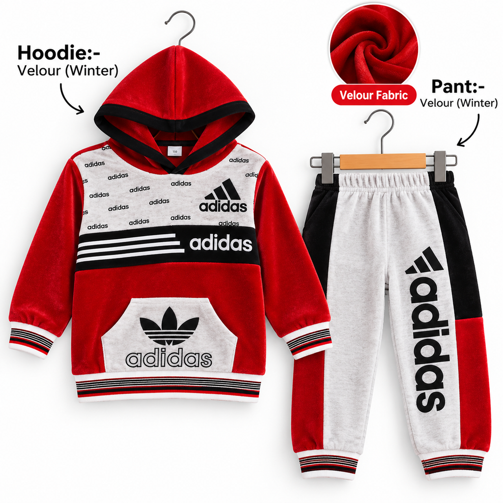 Kids Premium Winter Velour Hoodie & Jogger 2-Piece Tracksuit – Adidas Style (3 Colors)