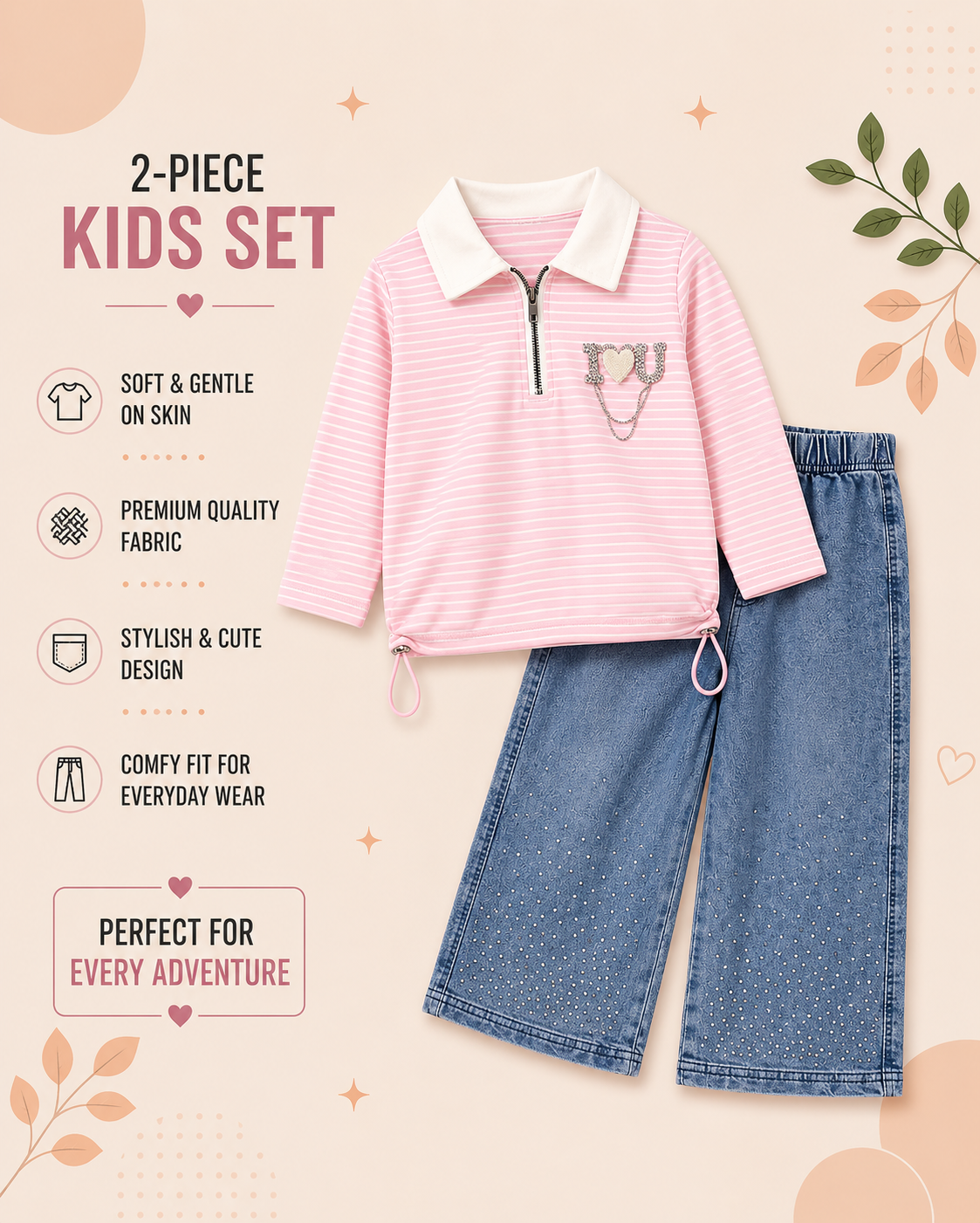 Girls Striped Polo Top & Sparkle Wide-Leg Denim 2-Piece Set