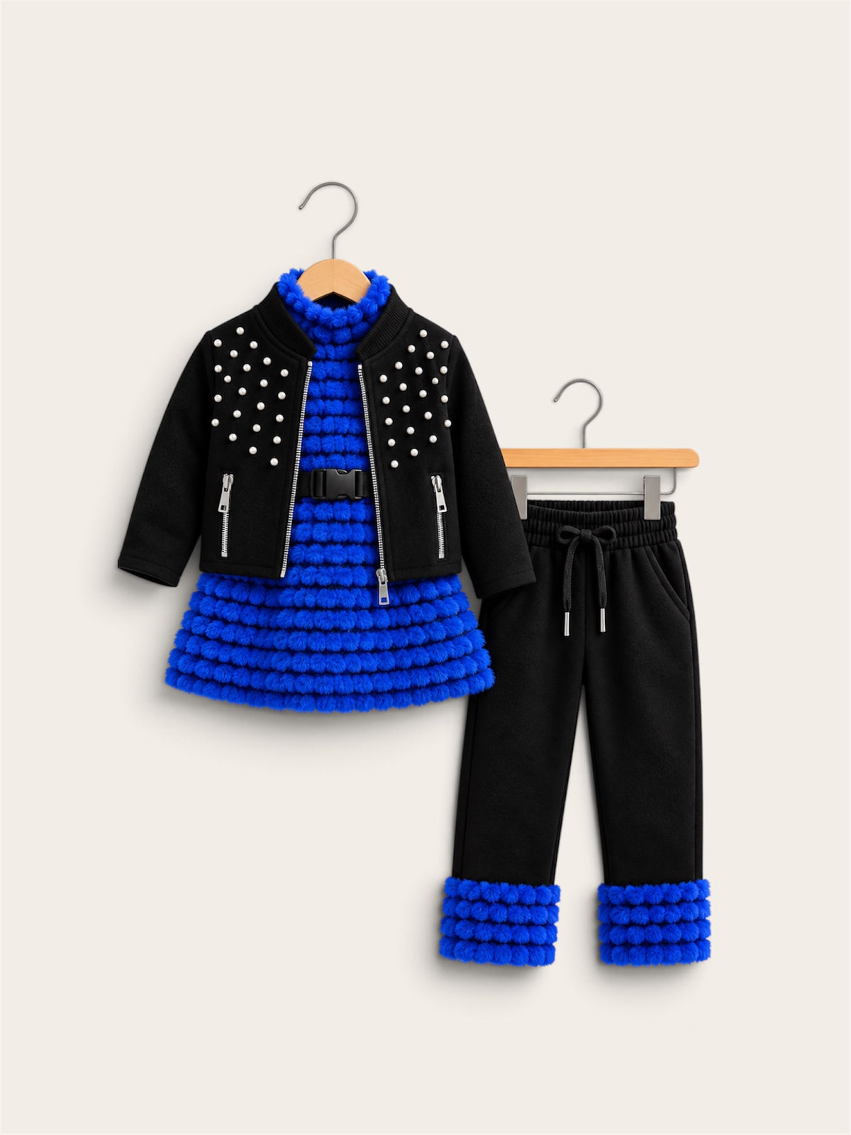Girls Premium Furry 3-Piece Winter Outfit Set – Pearl Jacket, Fluffy Top & Matching Pants