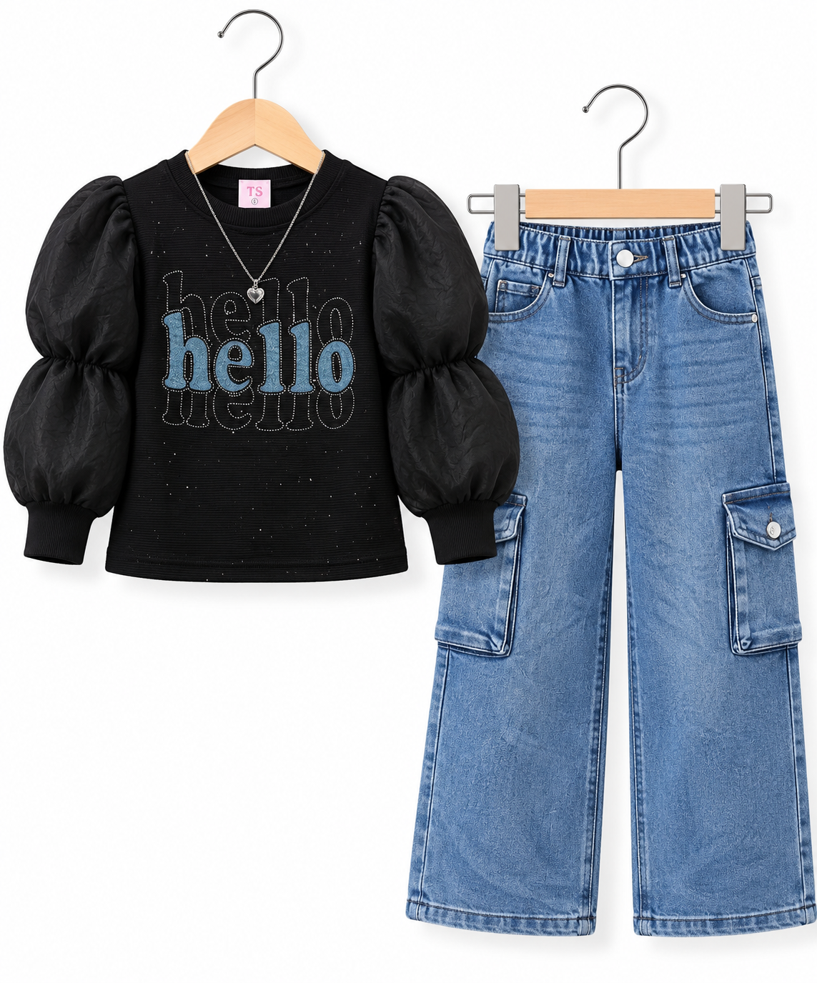 Hello Puff Sleeve Girls 2-Piece Set – Statement Top & Wide-Leg Cargo Denim Jeans