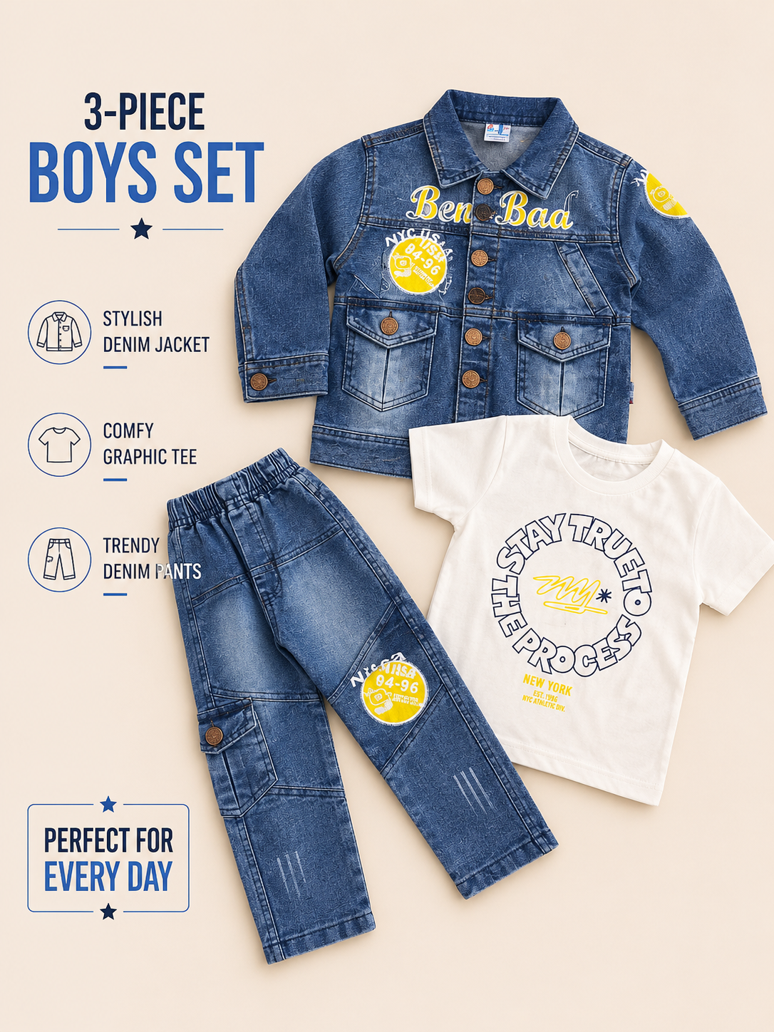 Boys Premium Denim Jacket, Graphic T-Shirt & Cargo Jeans 3-Piece Set 👖⭐