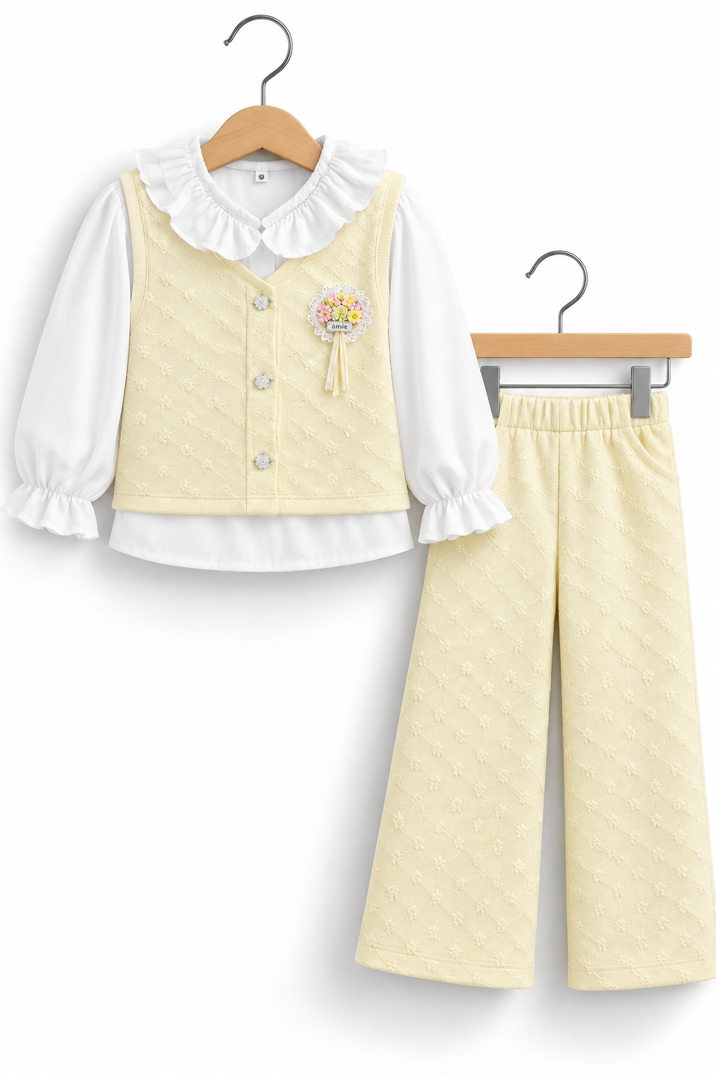 Girls 3-Piece Floral Textured Outfit Set – Flower Brooch Sleeveless Vest, White Ruffle Collar Shirt & Matching Wide Leg Pants