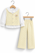 Girls 3-Piece Floral Textured Outfit Set – Flower Brooch Sleeveless Vest, White Ruffle Collar Shirt & Matching Wide Leg Pants