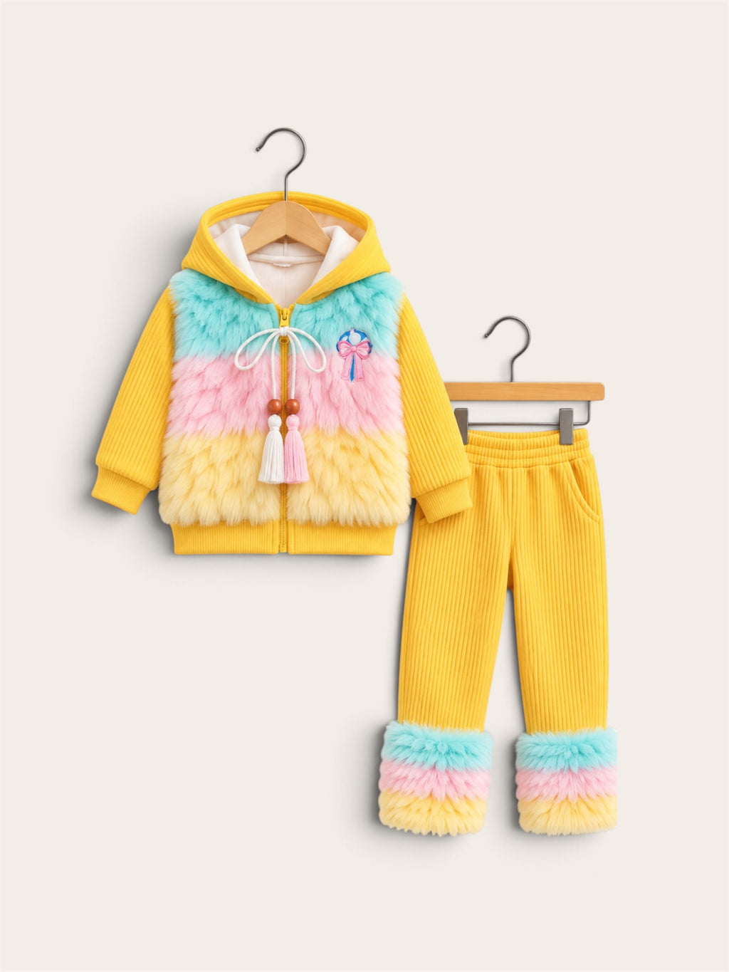 Girls Rainbow Furry Hooded Jacket & Ribbed Trouser Winter Set