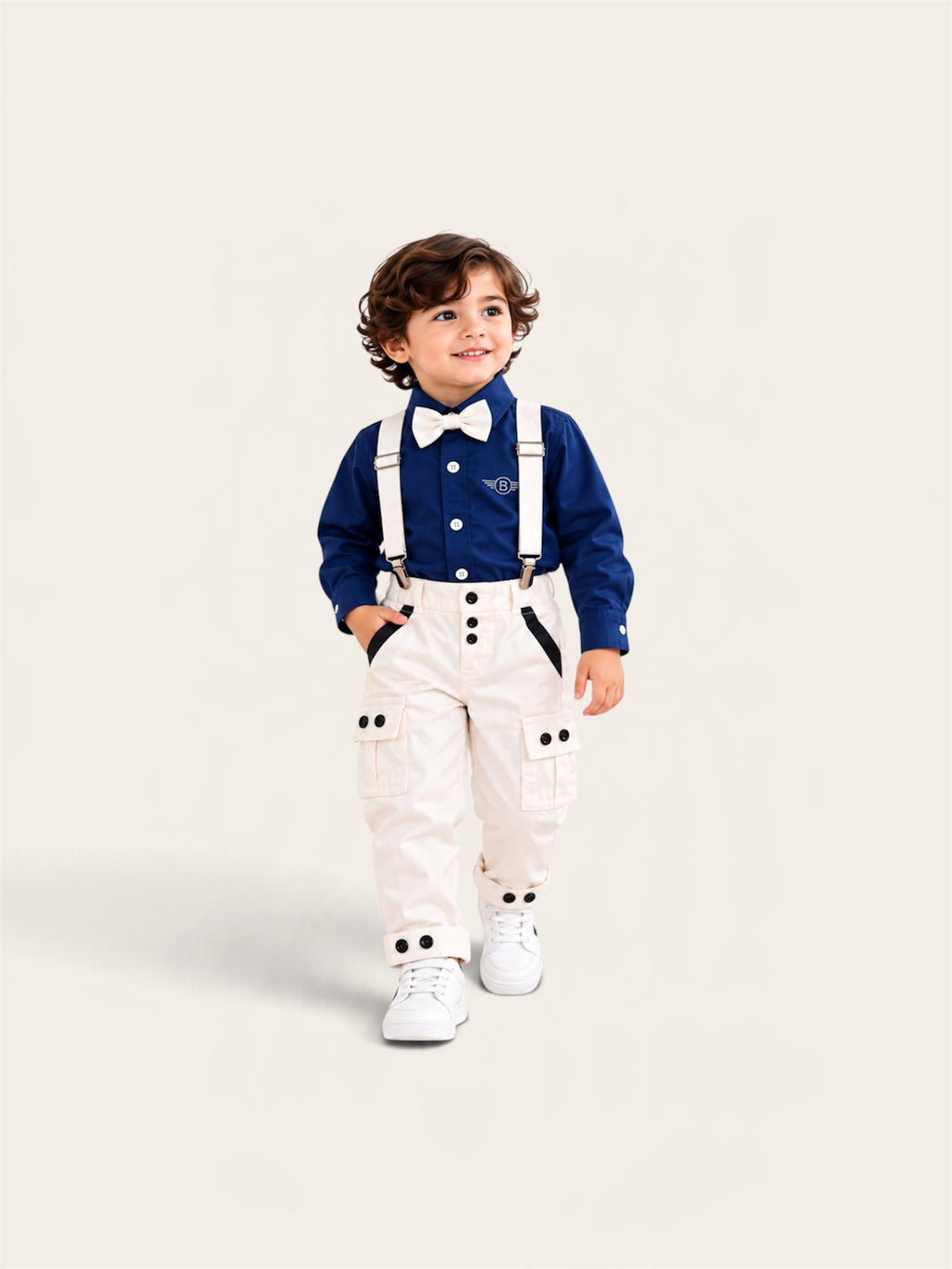 Boys Premium Formal Shirt & Cargo Pant Set with Suspenders and Bow Tie – 2 Colors