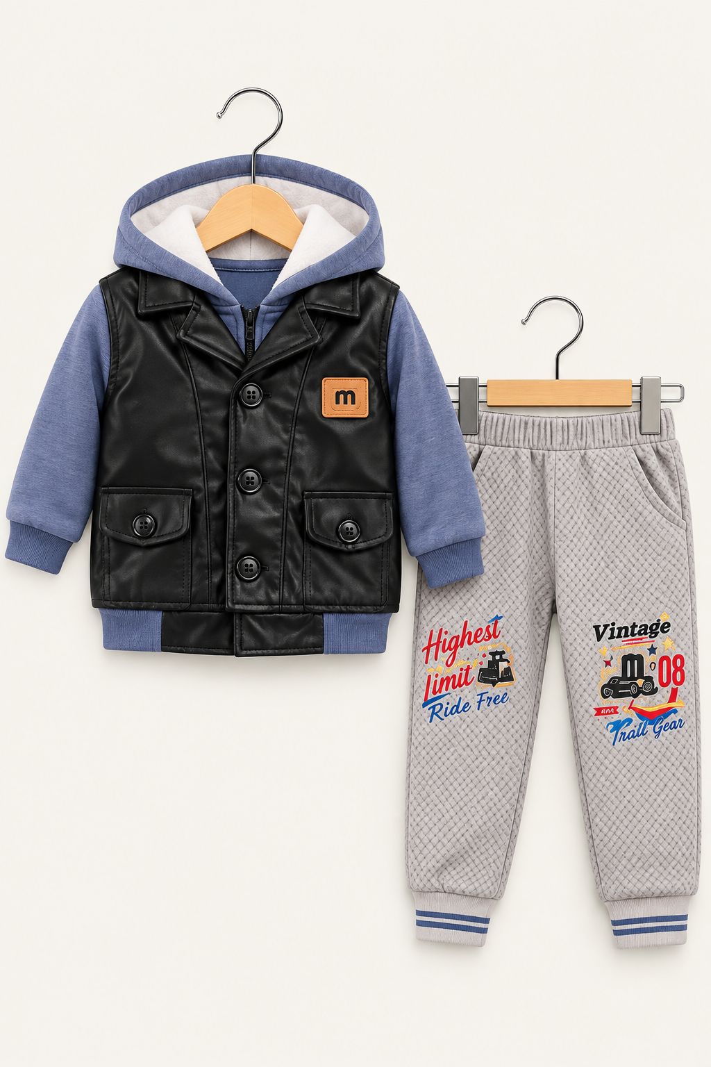 Boys Hooded Leather Vest & Quilted Jogger 2-Piece Winter Set