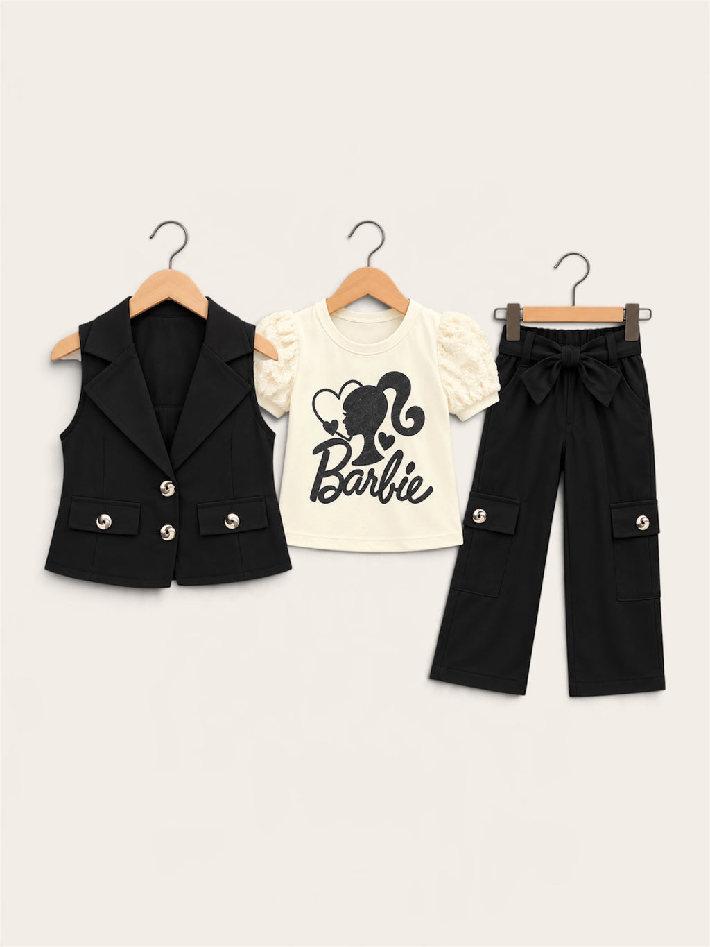 Girls’ Barbie Inspired 3-Piece Stylish Waistcoat & Wide-Leg Pants Set