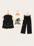 Girls’ Barbie Inspired 3-Piece Stylish Waistcoat & Wide-Leg Pants Set