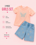 Girls Butterfly Puff Sleeve Top & Rhinestone Denim Shorts 2-Piece Set 🦋✨