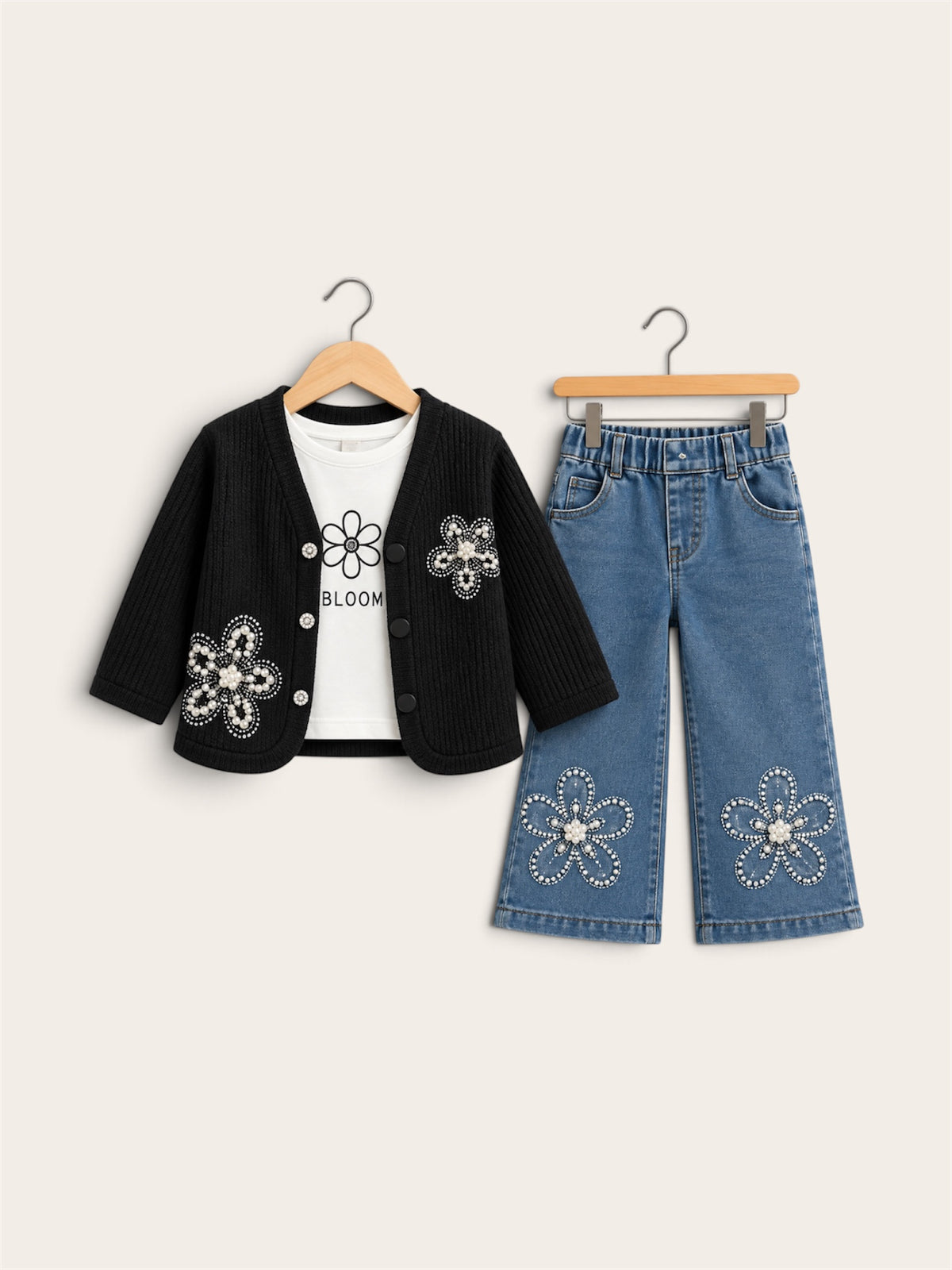 Pearl Bloom 3-Piece Girls Cardigan & Denim Set