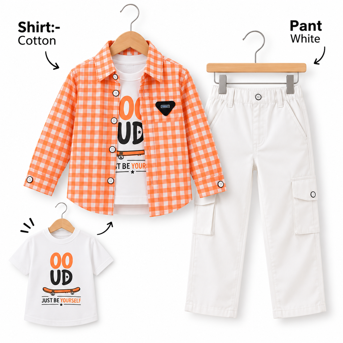 Boys Checkered Shirt, Graphic Tee & White Cargo Pant 3-Piece Set
