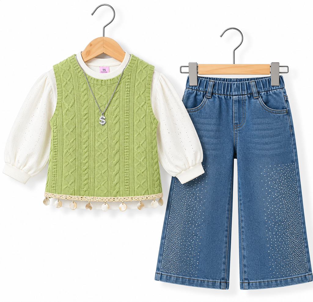 Cable Knit 3-Piece Girls Outfit – Puff Sleeve Top, Sweater Vest & Rhinestone Denim Pants