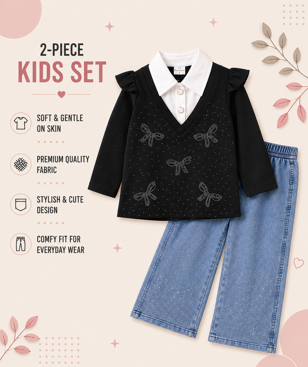 Girls Sparkle Bow Top & Wide-Leg Denim 2-Piece Set – 6 to 10 Years