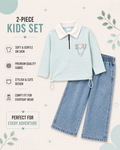 Girls Striped Polo Top & Sparkle Wide-Leg Denim 2-Piece Set