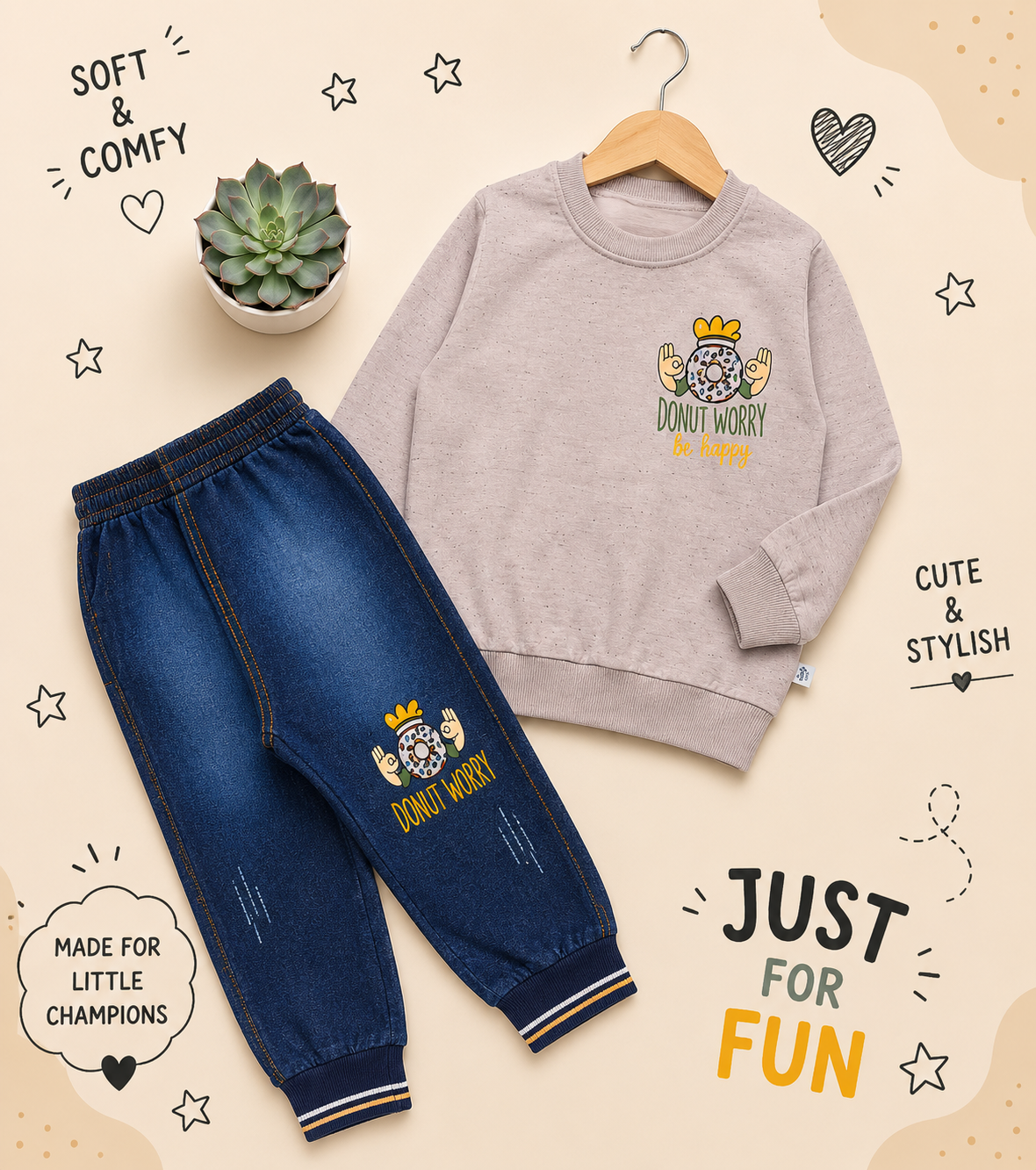 🍩 Donut Worry Kids Winter Sweatshirt & Denim Jogger Set