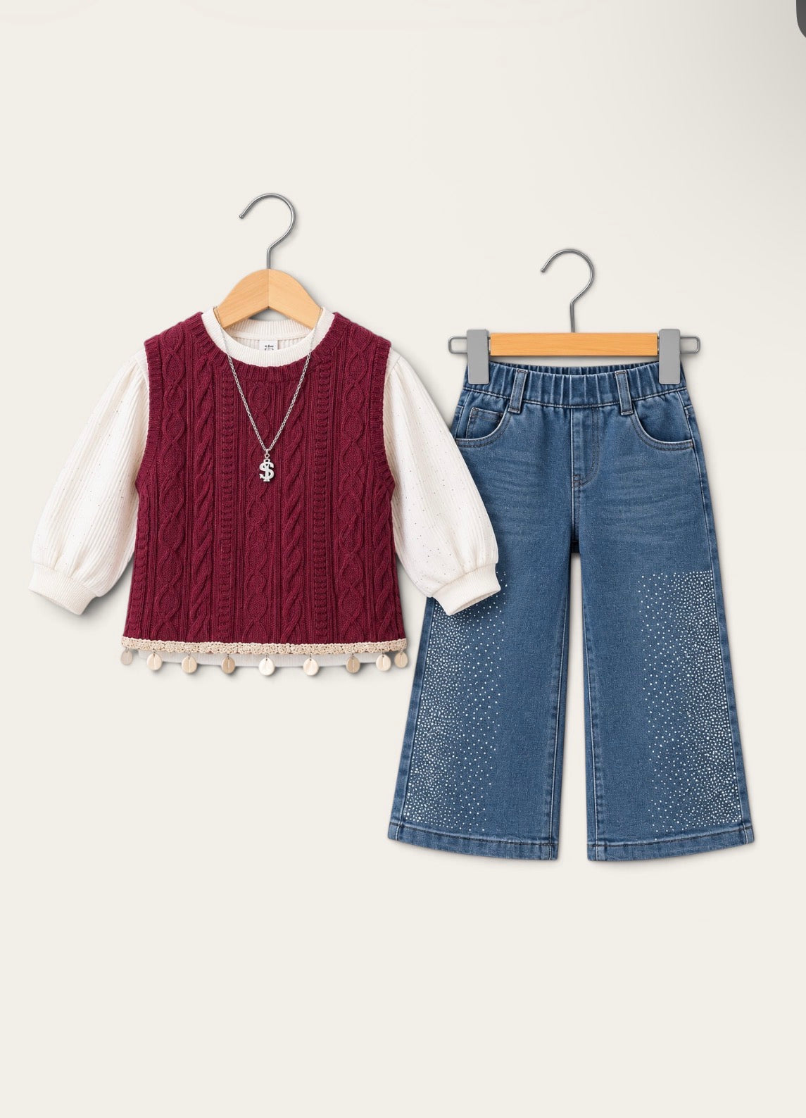 Girls’ Stylish Cable Knit Sweater Vest & Rhinestone Wide-Leg Denim Jeans 3-Piece Set 6years-10years